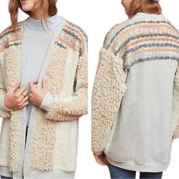 Anthropologie Amadi textured front open cardigan. Faux Sherpa Cardigan - Picture 8 of 12